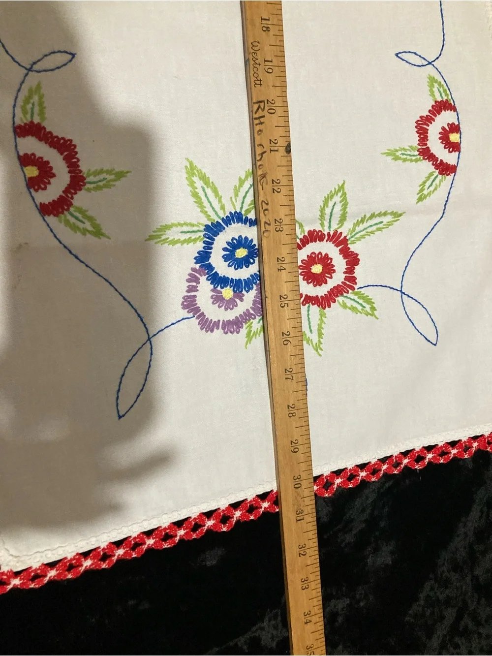 Vintage Embroidered Floral Table Runner - White with Red & Green Accents